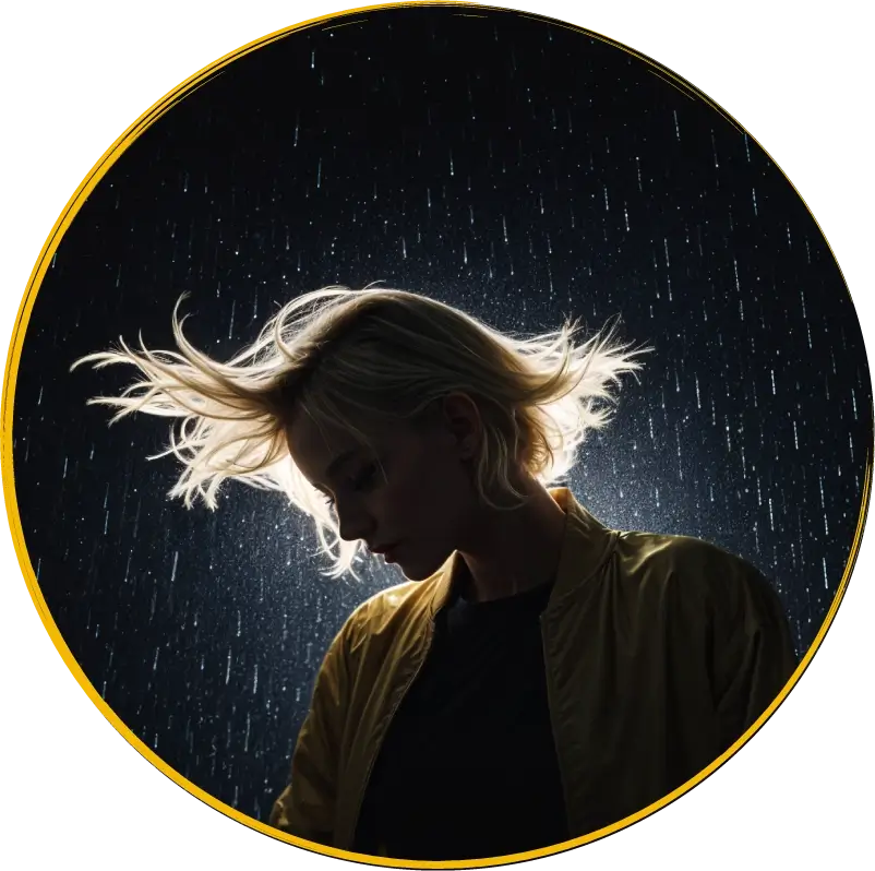 Mulher mexendo o cabelo em movimento 360 com luz de fundo e respingos de água para todo lado