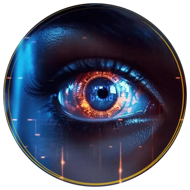 Olhar fixo de uma pessoa com mensagem "sua marca" representando o aumento da visibilidade com o marketing